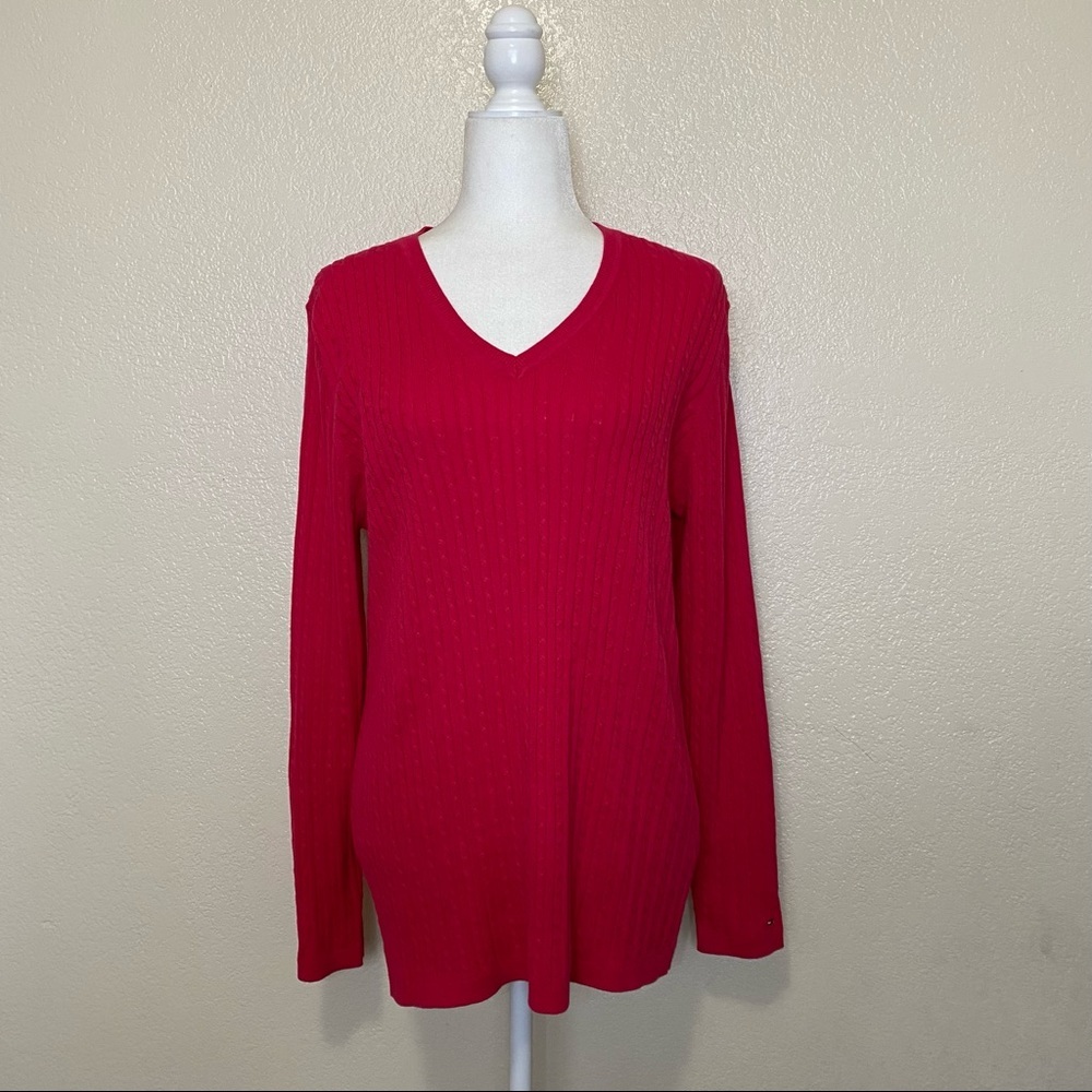 Tommy Hilfiger Red Cable Knit V-Neck Sweater in Dragonfruit color Size XL NWT - Picture 4 of 12